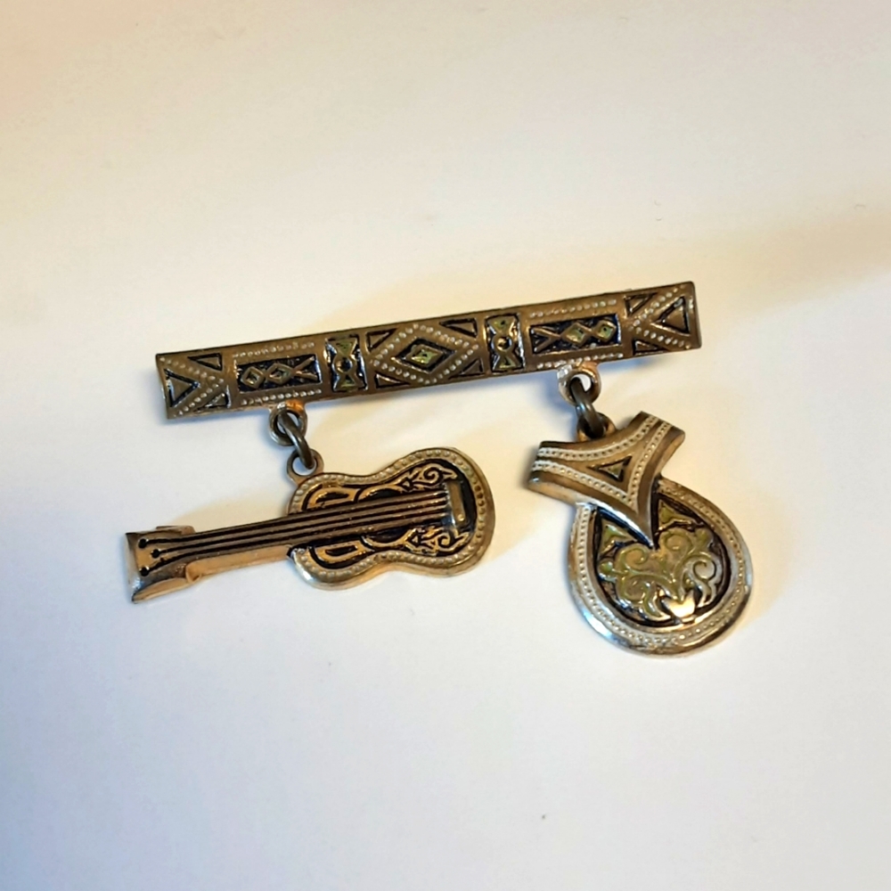 Vintage Damascene Brooch Guitar Castagnettes Dangle Gold Tone Bohemian Pin as Is